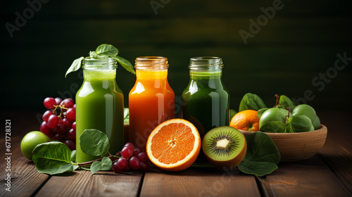 Fruits and juice glass bottles