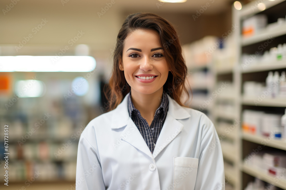 Smiling pharmacist standing in drug store