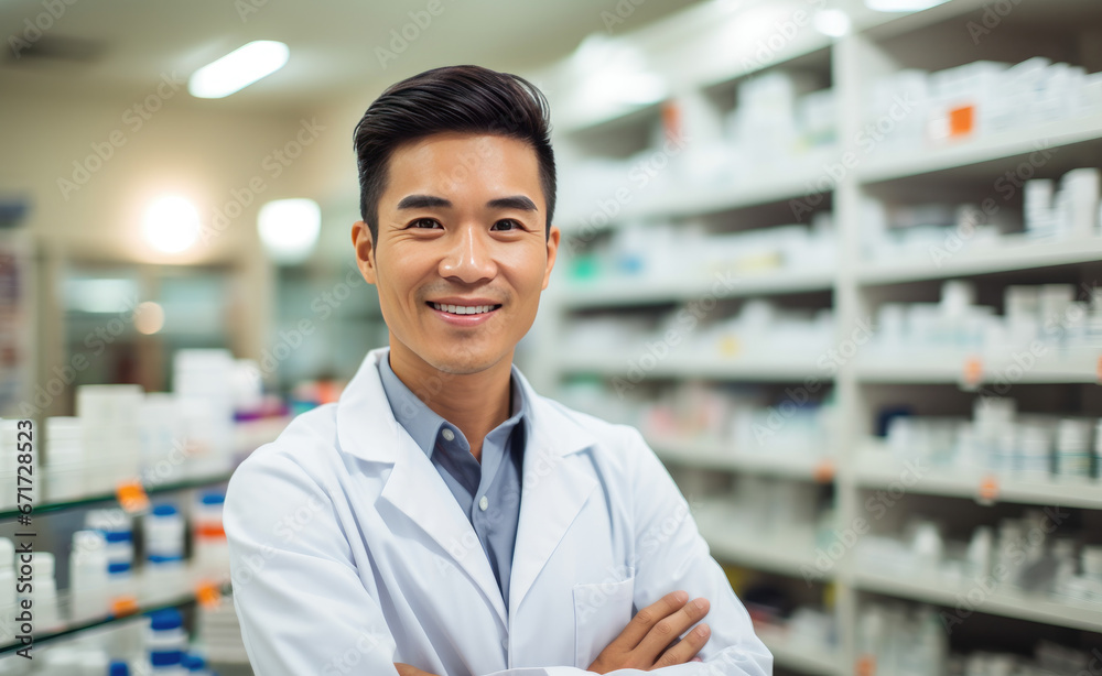 Pharmacist Wearing Lab Coat and Glasses, Crosses Arms and Looks at Camera Smiling Charmingly in a pharmacy store
