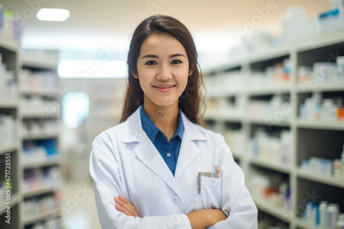 Smiling pharmacist standing in drug store