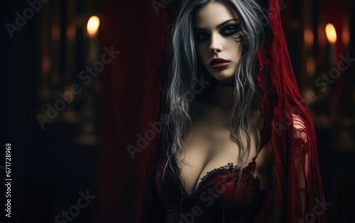 Young goth vampire woman, beautiful goddess, evil queen of pain, witch, vampire, bride of Dracula. Halloween outfit, masquerade, mysticism and witchcraft cosplay © Gizmo