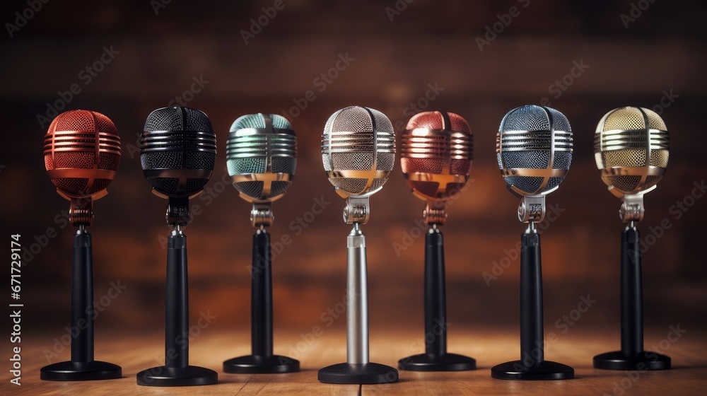 A collection of microphones arranged and prepared for a press conference, representing the concepts of communication and media engagement A collection of microphones arranged and prepared for a press conference, representing the concepts of communication and media engagement