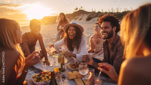 An enthralling lifestyle photograph featuring a varied assemblage of pals festively feasting on the sands for sunset, graced by peals of mirth and wholesome victuals.