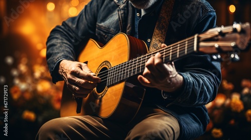 A mesmerizing close-up of hands strumming an acoustic guitar stirs feelings of creativity, enthusiasm, and musicality.