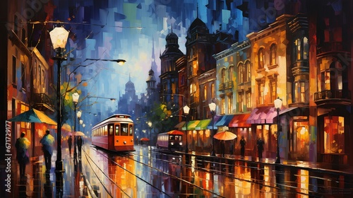 Vibrant cityscape painting with colorful buildings and a lively street at night. generative AI 