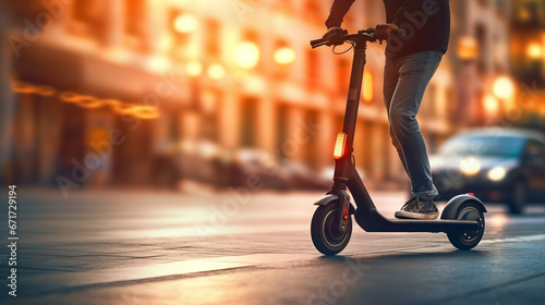Riding electric scooter on blurred motion city street at sunset © BeautyStock