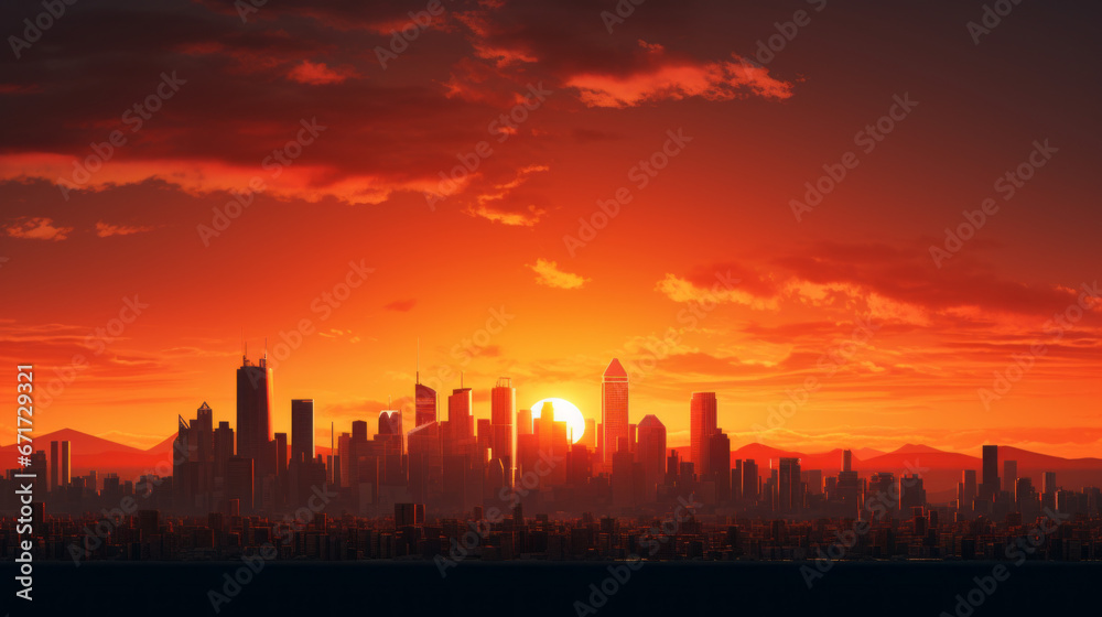 An urban skyline silhouetted against a sunset of vivid oranges and reds