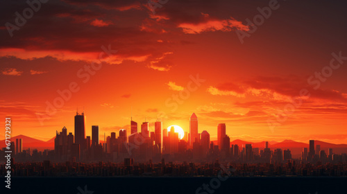 An urban skyline silhouetted against a sunset of vivid oranges and reds © Textures & Patterns