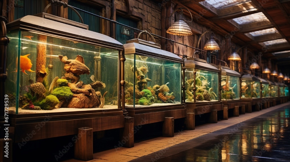 An exotic pet store featuring various reptile enclosures, exotic birds, and a fish tank wall.