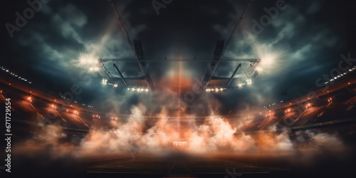 Vivid stadium arena lights shining brightly, illuminating the night with a mix of stadium lights and smoke, creating a captivating atmosphere.