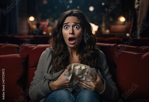 woman sit on couch hold pc on lap cover face with hands during thriller movie scary moment, cant believe in luck online lottery win crying from happiness