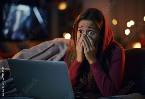 woman sit on couch hold pc on lap cover face with hands during thriller movie scary moment, cant believe in luck online lottery win crying from happiness