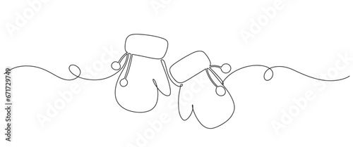 Black line Pair of knitted christmas mittens line art vector illustration. Mitten icon. Merry Christmas and Happy New year