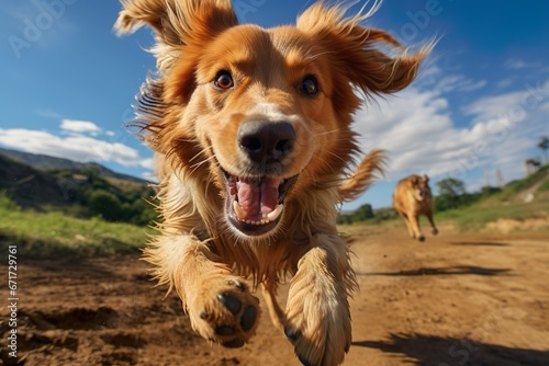 close up of a brown dog running in front the camera © SOFI