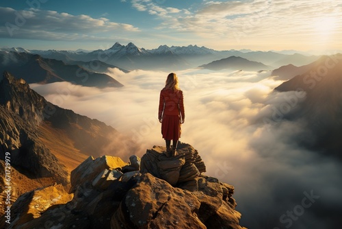 view above the clouds of a woman standing on a mountain top, travel, landscape