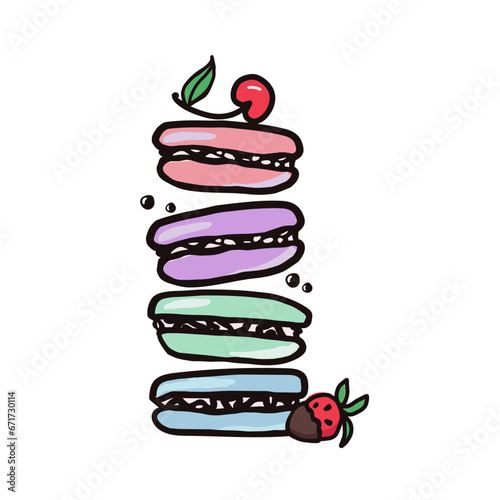 Sweet food vector banner sketchy illustrations collection of desserts. Macaroon with cherry and strawberry fruit. Hand drawn colorful vector illustration isolated on white background.