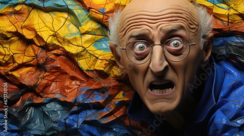  an old man wearing glasses and a blue jacket with a surprised look on his face next to a multicolored cloth.  generative ai