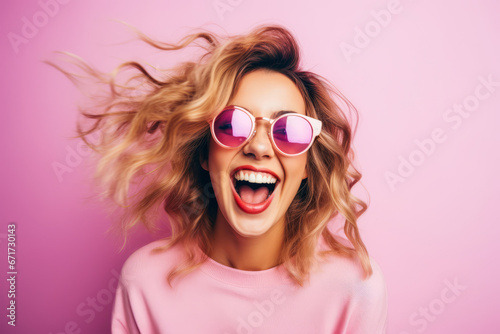 Enthusiastic woman laughing with sunglasses on.