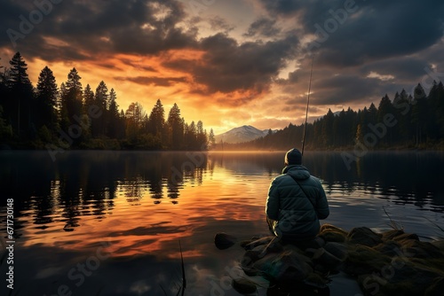 landscape and lake view with a man standing enjoying the sunrise, sunset