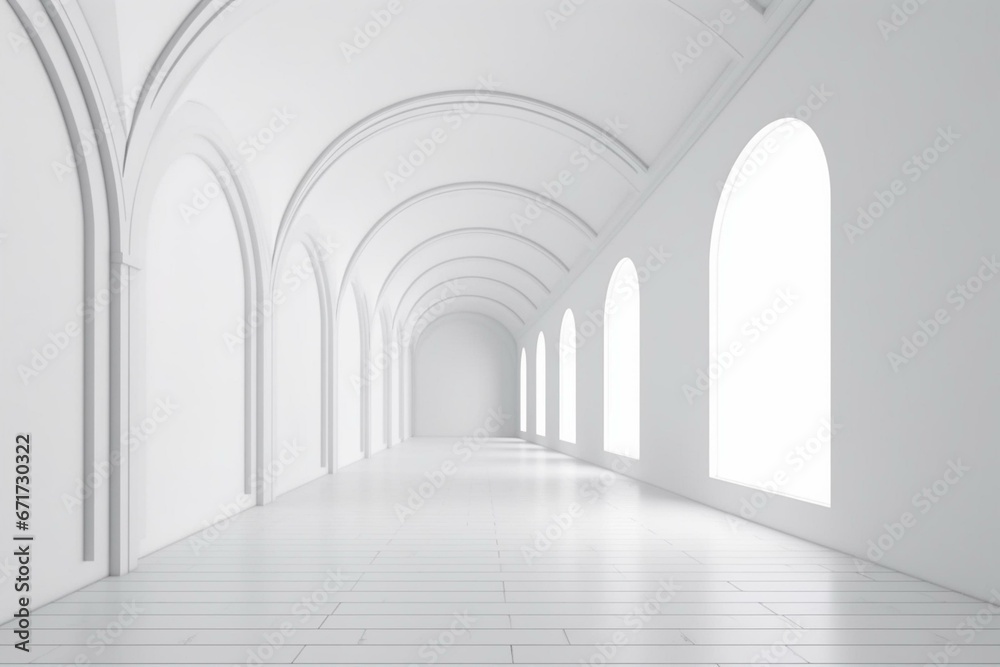 White gallery interior with a mock-up on wall and arches. 3D rendering. Generative AI