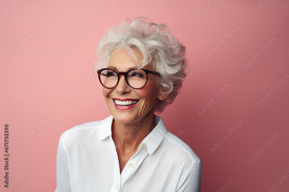 Portrait of attractive elderly happy laughing woman with gray hair over pink background. AI generated
