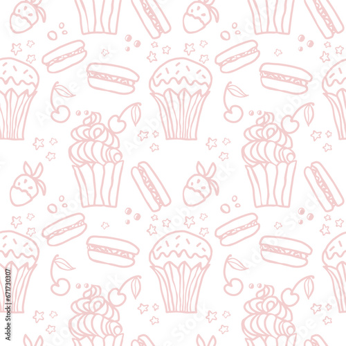 Sweet cake pastel seamless pattern with desserts. Macaroon, muffin, pudding, cake with cherry and strawberry fruit. Hand drawn vector background for textile, fabric, scrapbook or wallpaper