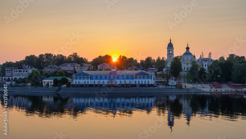 The embankment of the city of Myshkin on the Volga River at sunset