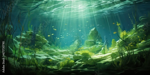 Underwater image capturing a seabed adorned with lush green seagrass  illuminated by dappled light and shadows  creating a captivating and serene ambiance.