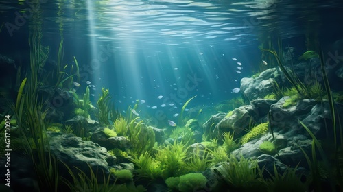 Underwater image capturing a seabed adorned with lush green seagrass  illuminated by dappled light and shadows  creating a captivating and serene ambiance.