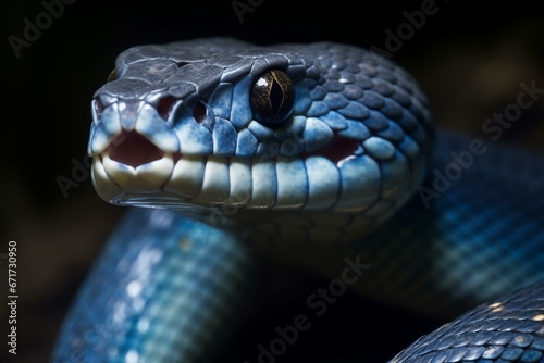 Close-up of an aggressive blue viper snake with an angry expression, symbolizing wildlife and nature. Generative AI