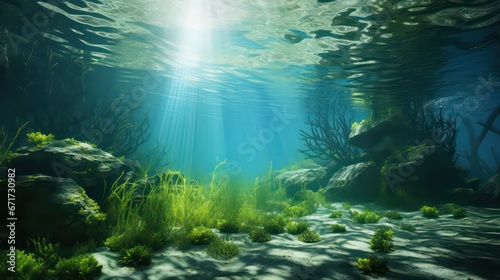 Underwater image capturing a seabed adorned with lush green seagrass, illuminated by dappled light and shadows, creating a captivating and serene ambiance. © Nattadesh