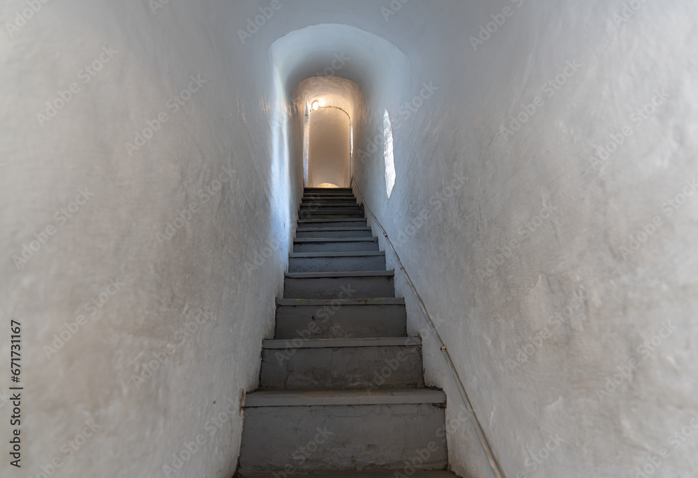 Narrow staircase to the bell tower of the Transfiguration Monastery in Yaroslavl