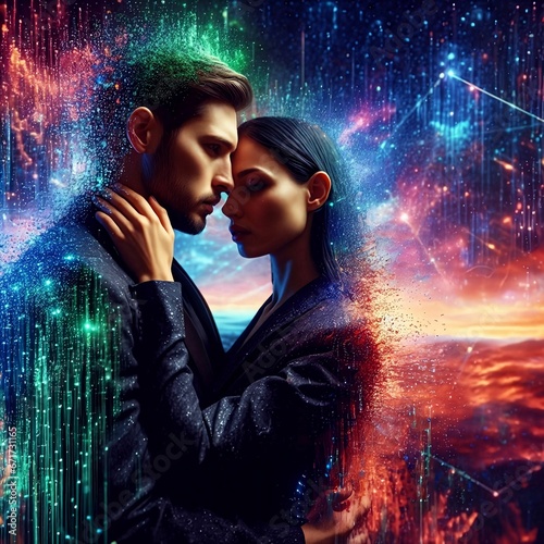 A couple embracing in virtual reality, holographic environment, cyberspace, hyperspace or metaverse. Virtual World Technology. Cyberpunk. Partnership. Love relationship. Holograms. Generative AI