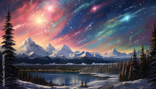 New year in the polar night, fireworks in the mountains, winter landscape  © Danijela