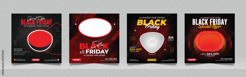 Naklejka premium Black Friday New Collection Mega Sale Social Media Post Discount Banner Square Flyer Template Set