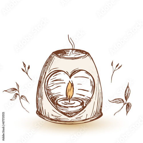 Home incense, aroma lamp. Aromatherapy Vector illustration. Leaves surround lamp. Cozy design of warm incense.