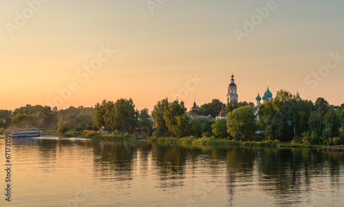 View of the Tolga Monastery from the Volga River during sunset