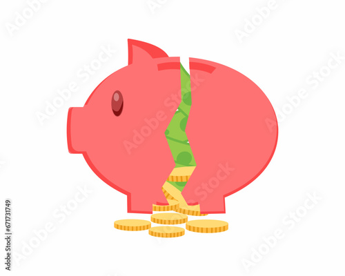 broken piggy bank for emergency funds money safe with coins vector illustration.