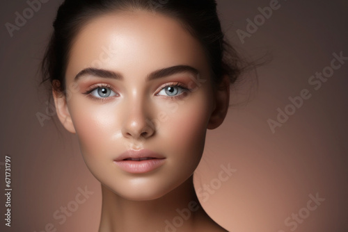 Portrait of beautiful woman, close up. Pretty face with clean skin, natural beauty. Facial treatment and skin care concept