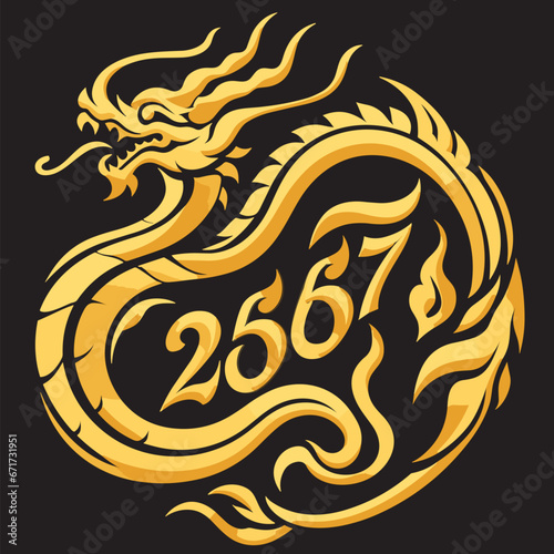 Thai naga  Chinese dragon symbol banner Combining the numbers 2567 for the New Year festival 2567 - Vector