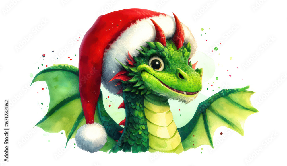 Green dragon in a red Santa Claus hat. Mythical fantasy animal. Symbol of the new year 2024. Green dragon in a red Santa Claus hat. Mythical fantasy animal. Symbol of the new year 2024.