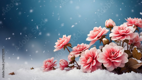 pink flowers in the snow. Generative AI