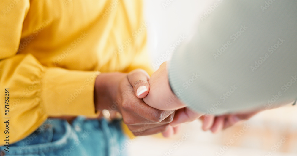 Couple, closeup and holding hands in house together for support, bonding and love with care for communication. People, helping and link for empathy, kindness and connection with trust in apartment - obrazy, fototapety, plakaty 