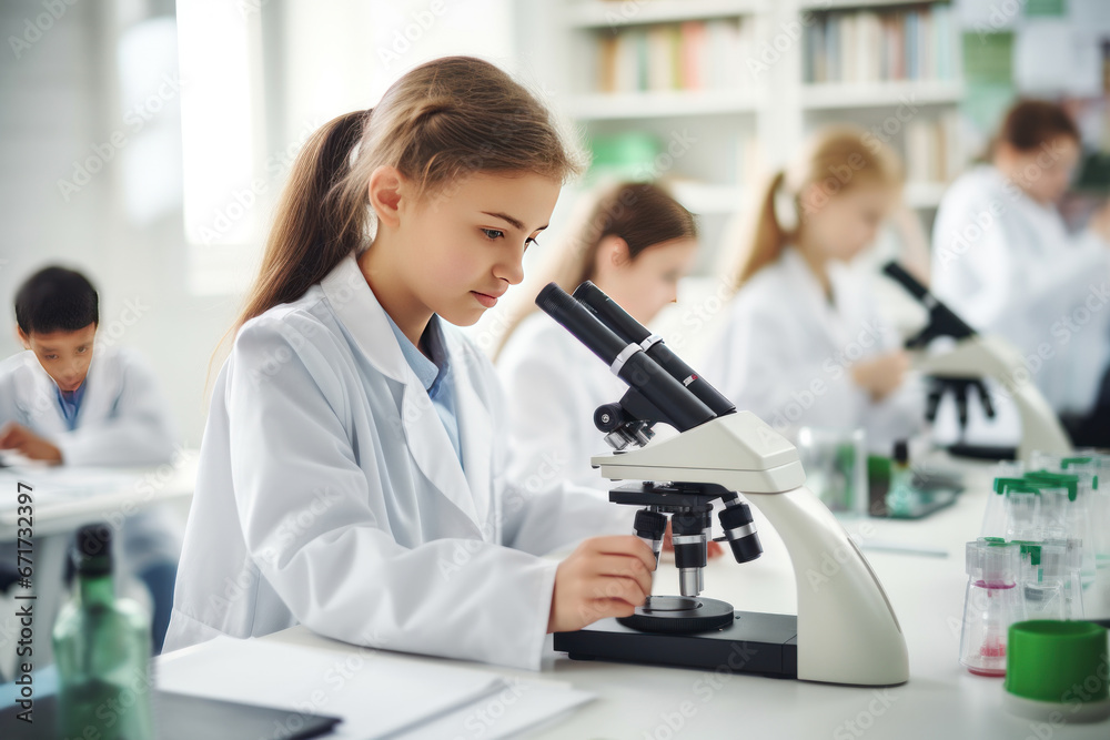 Schoolgirl using working with microscope at biology chemistry lesson class at school lab