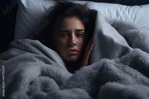 I did not get any sleep. Top view of exhausted unhappy millennial woman lying in bed after sleepless night suffering of sudden migraine headache attack catching cold flu photo