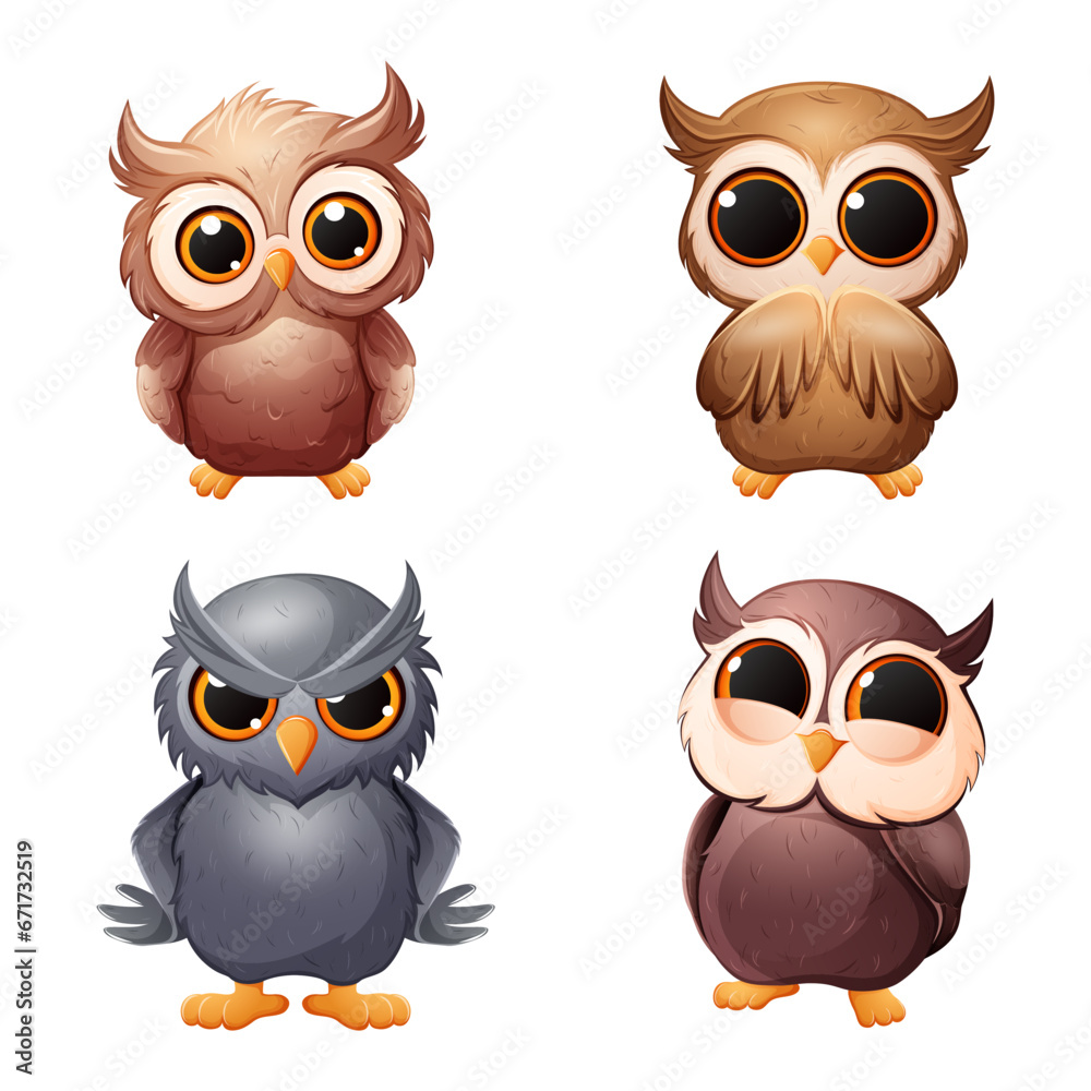 Fototapeta premium Vector set of very cute owls. Cartoon illustrations in different poses and different emotions