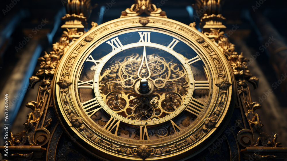 An ornate clock with a golden face and intricate hands 