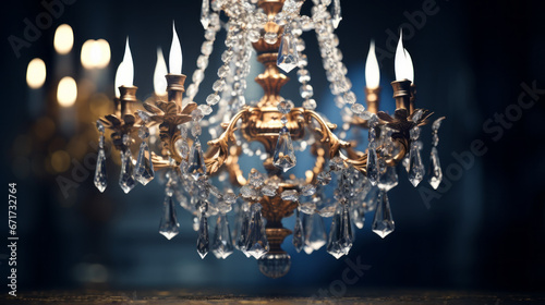 An ornate chandelier with crystal droplets and elaborate arms