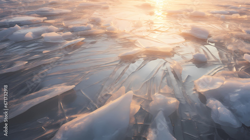 A fascinating scene of a frozen lake, the ice patterns forming a natural artwork, under the soft glow of the winter sun