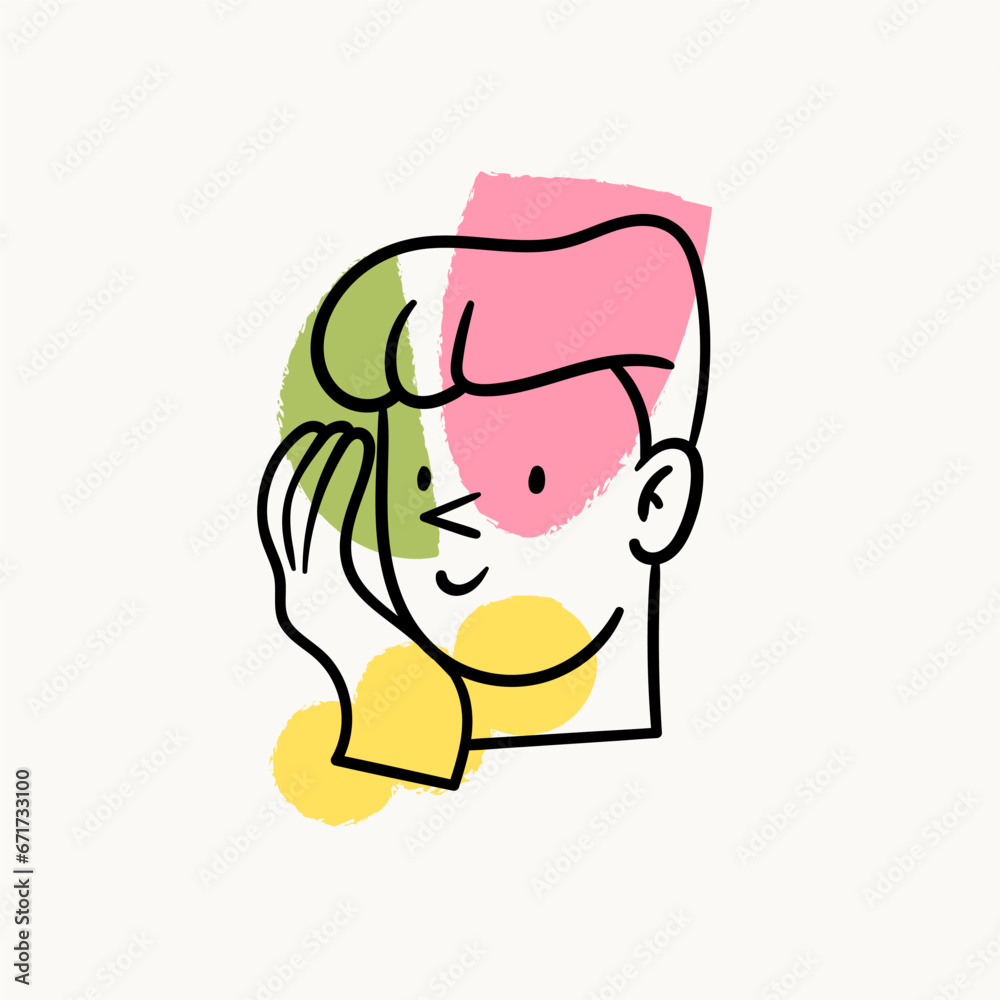 Outline human portrait. Happy man with hand near face. Abstract colorful shapes on background. Hand drawn trendy Vector illustration. Isolated design element. Good mood concept. Icon, avatar template Outline human portrait. Happy man with hand near face. Abstract colorful shapes on background. Hand drawn trendy Vector illustration. Isolated design element. Good mood concept. Icon, avatar template